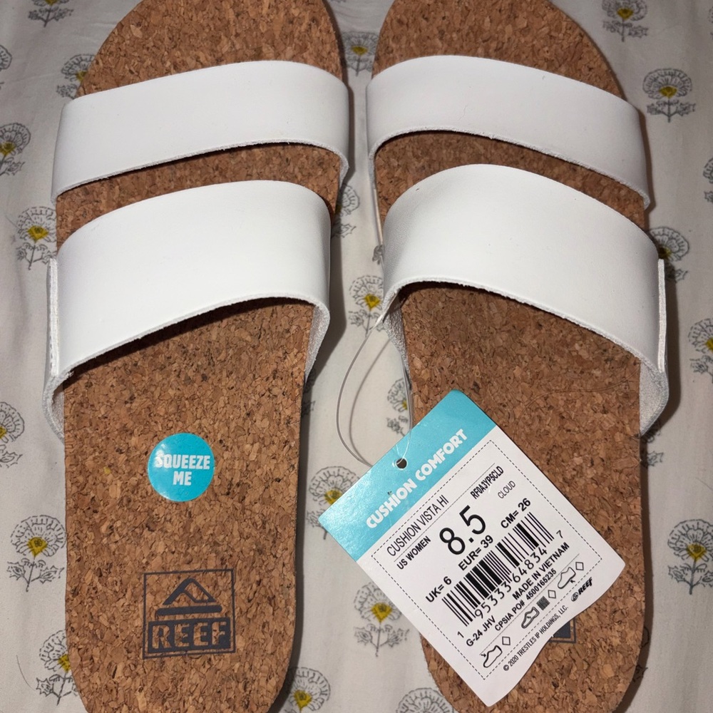 Reef White Double-Band Cork Slide Sandals